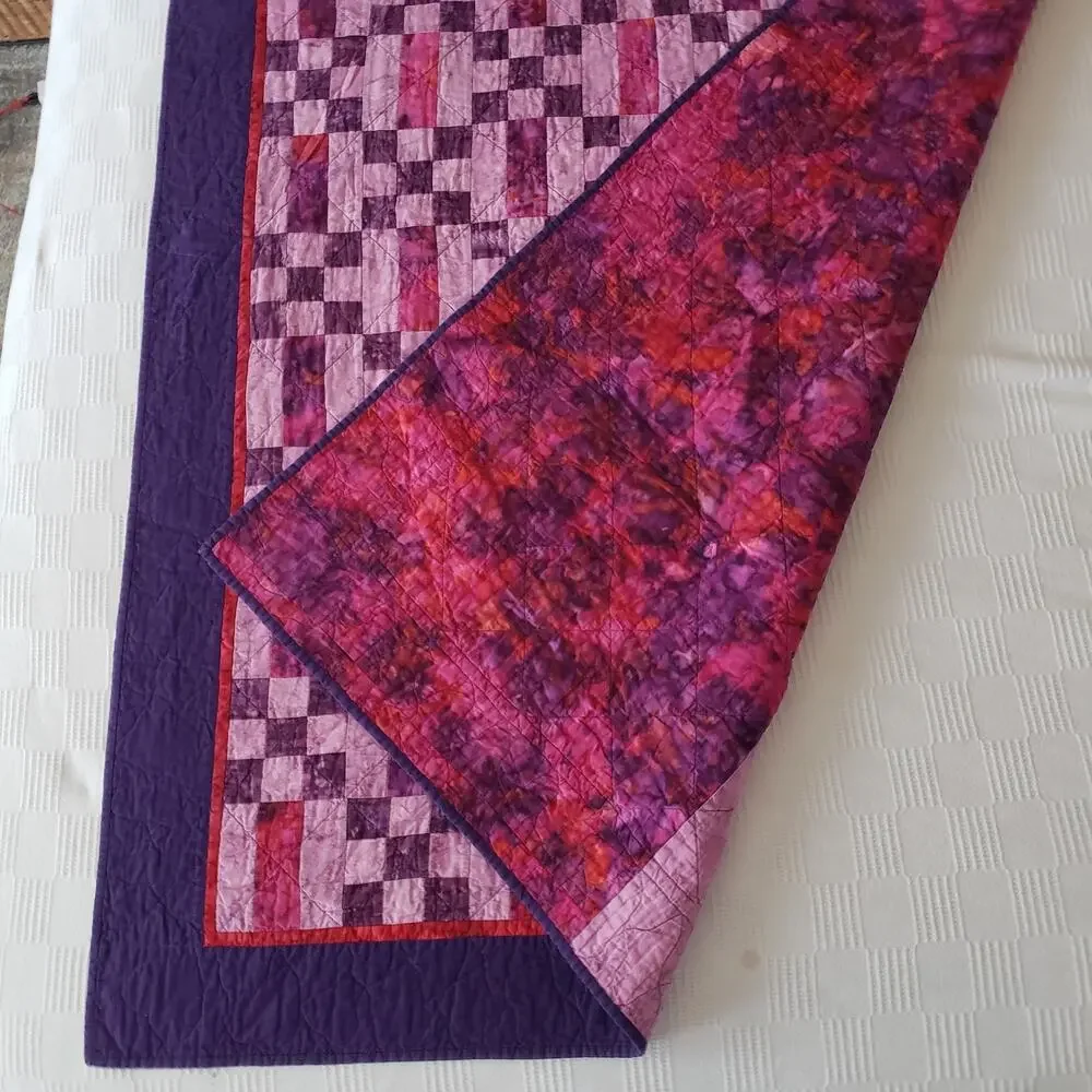 Handmade Batik Lap Throw Quilt Purple Pink Reversible Modern Patchwork 46